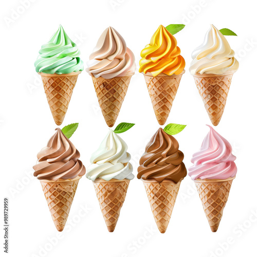 Nine different flavors of soft serve ice cream in waffle cones with a green leaf garnish on each.