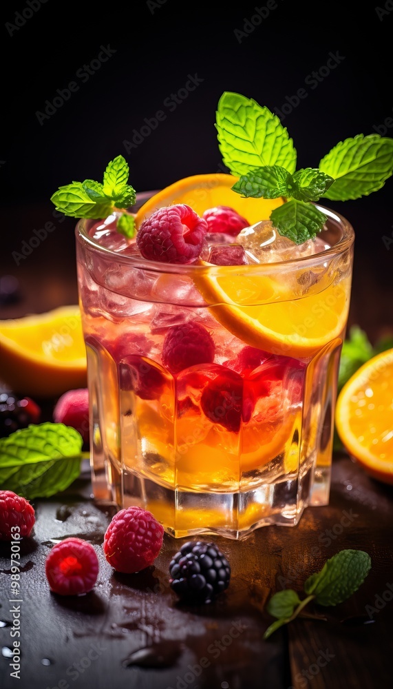 Refreshing summer cocktail with fresh raspberries and citrus served over ice Refreshing summer cocktail with fresh raspberries and citrus served over ice