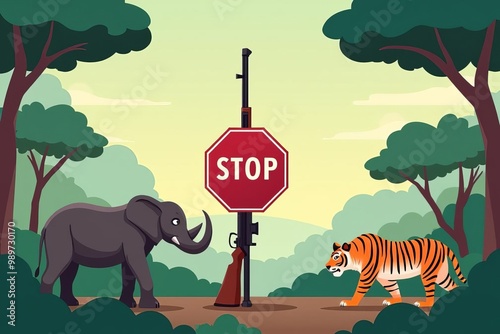 Wildlife Protection Alert: Stop Sign with Rhino and Tiger in Forest Setting