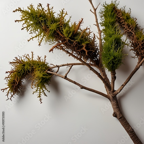 Trendy composition of dried branch and moss on bright background isolated with white highlights, png ai gegerate generated by AI. photo