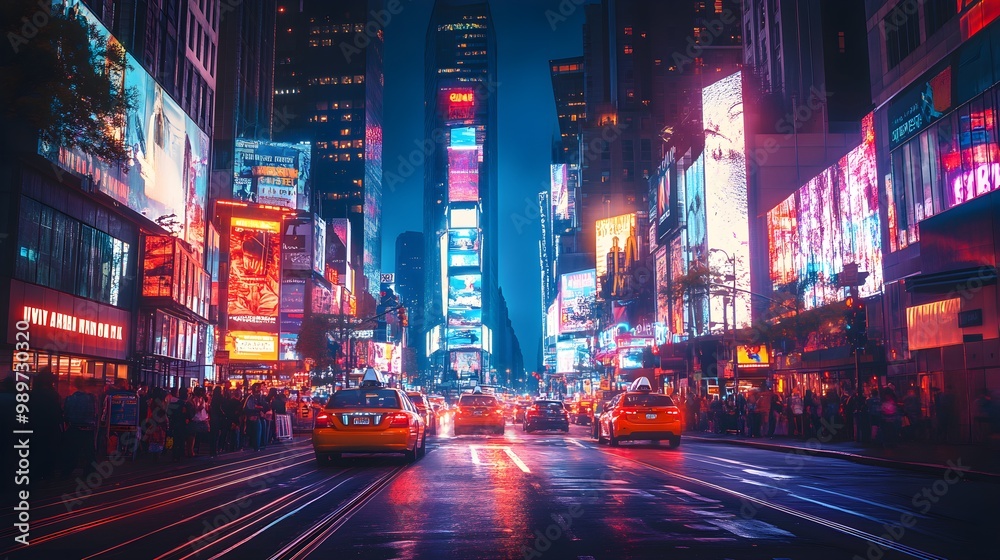 Fototapeta premium Towering neon signs illuminate bustling city streets vibrant pictures