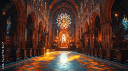 Cathedral Interior with Light Streaming Through Stained Glass Window