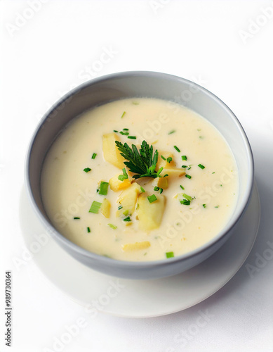 Creamy Potato Soup with Parsley and Chives in a Grey Bowl