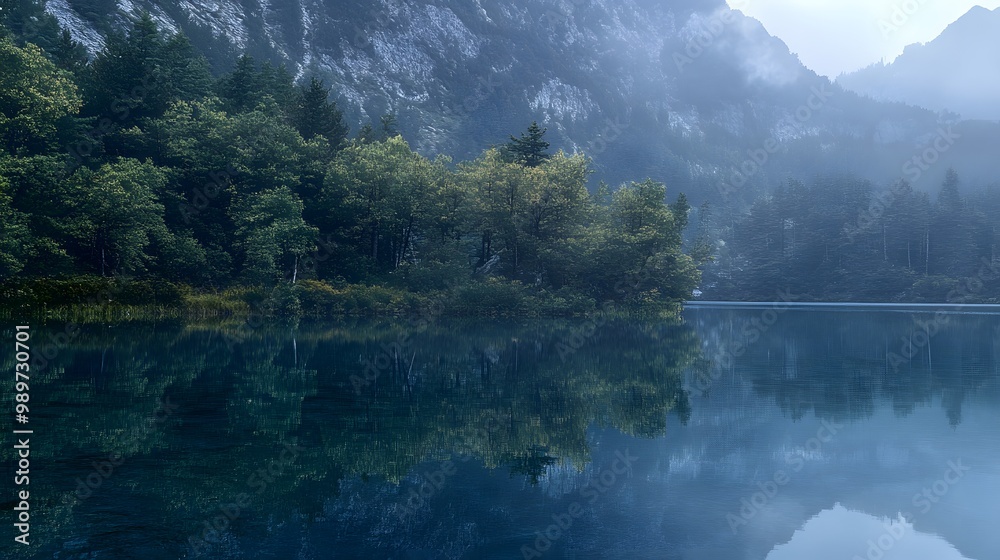 56. A serene lake with reflections of mountains and trees 56. A serene lake with reflections of mountains and trees