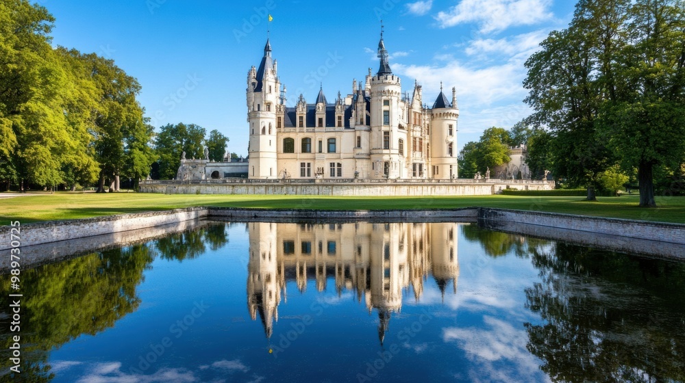 Majestic Castle Reflection in Serene Lake Landscape Majestic Castle Reflection in Serene Lake Landscape