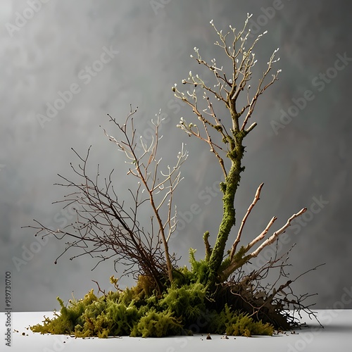 Trendy composition of dried branch and moss on bright background isolated with white highlights, png ai gegerate generated by AI. photo