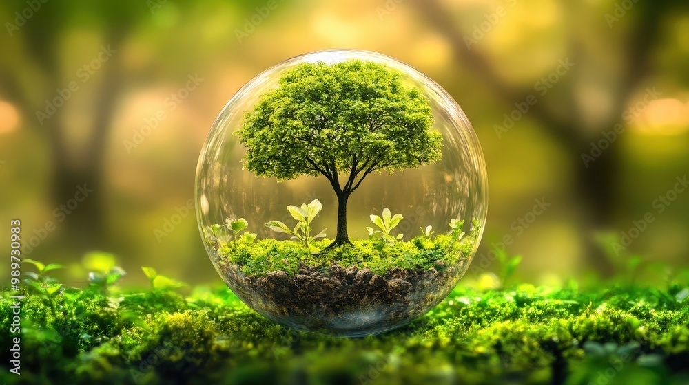 Nature's Shield: Tree in Glass Sphere Representing Conservation and Protection on Environment Day Nature's Shield: Tree in Glass Sphere Representing Conservation and Protection on Environment Day