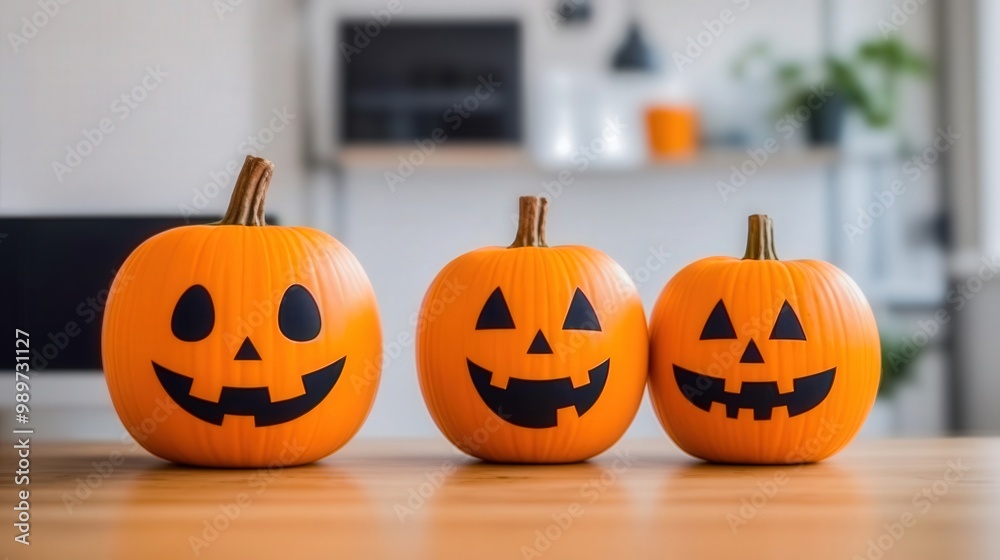 Three playful, carved pumpkins with smiling faces display their vibrant orange hues on a wooden table in a cozy environment. Three playful, carved pumpkins with smiling faces display their vibrant orange hues on a wooden table in a cozy environment.