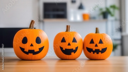 Three playful, carved pumpkins with smiling faces display their vibrant orange hues on a wooden table in a cozy environment. photo