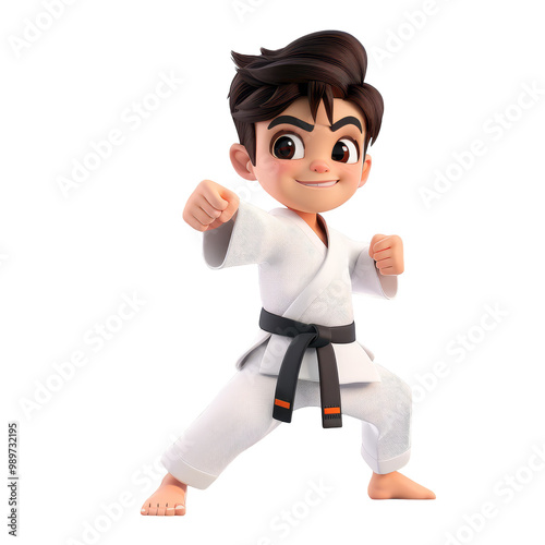 A young boy in a white karate uniform with a black belt, ready to strike, in a 3D illustration.