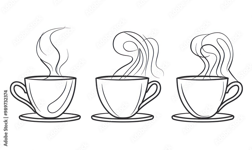 Obraz premium Line art illustration of three steaming coffee cups in various styles. Minimalistic beverage concept.