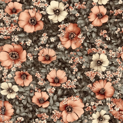 Floral pattern featuring various flowers in soft colors on a textured background.