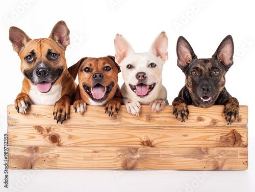 pets behind wooden board on white background