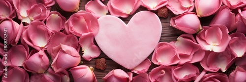 Wallpaper Mural A heart-shaped treat surrounded by fresh pink rose petals on a rustic wooden surface Torontodigital.ca