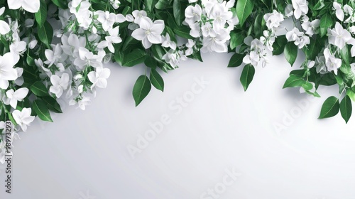 A decorative arrangement of white flowers and green leaves on a light background.