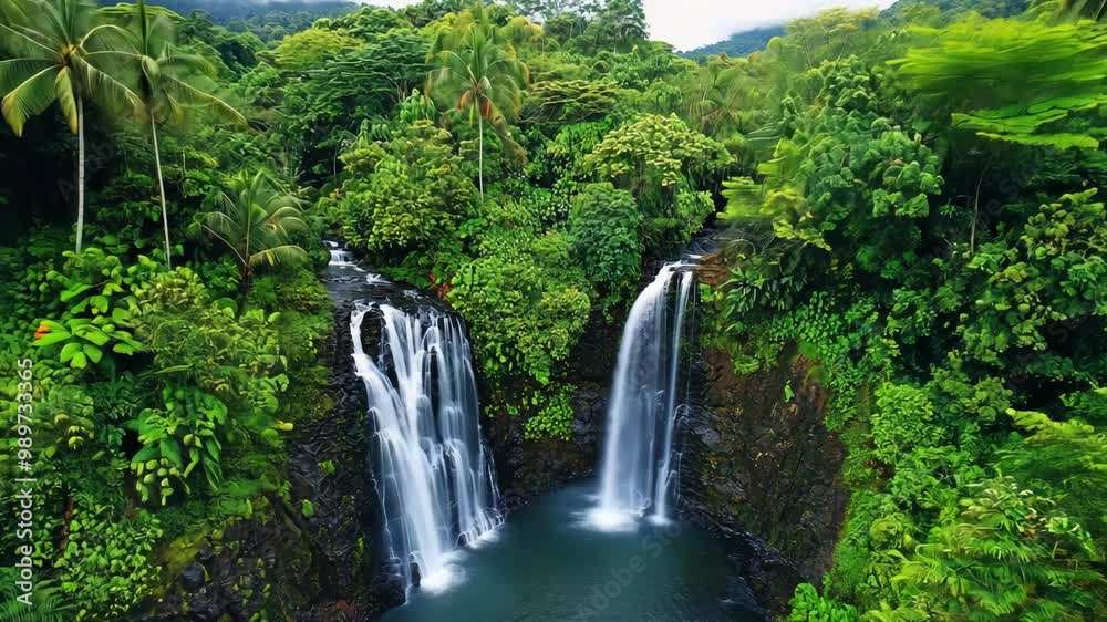Lush tropical foliage frames two cascading waterfalls in a secluded jungle paradise Lush tropical foliage frames two cascading waterfalls in a secluded jungle paradise
