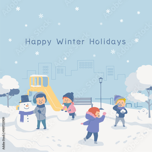 公園で雪遊びをする子供たちの背景イラスト