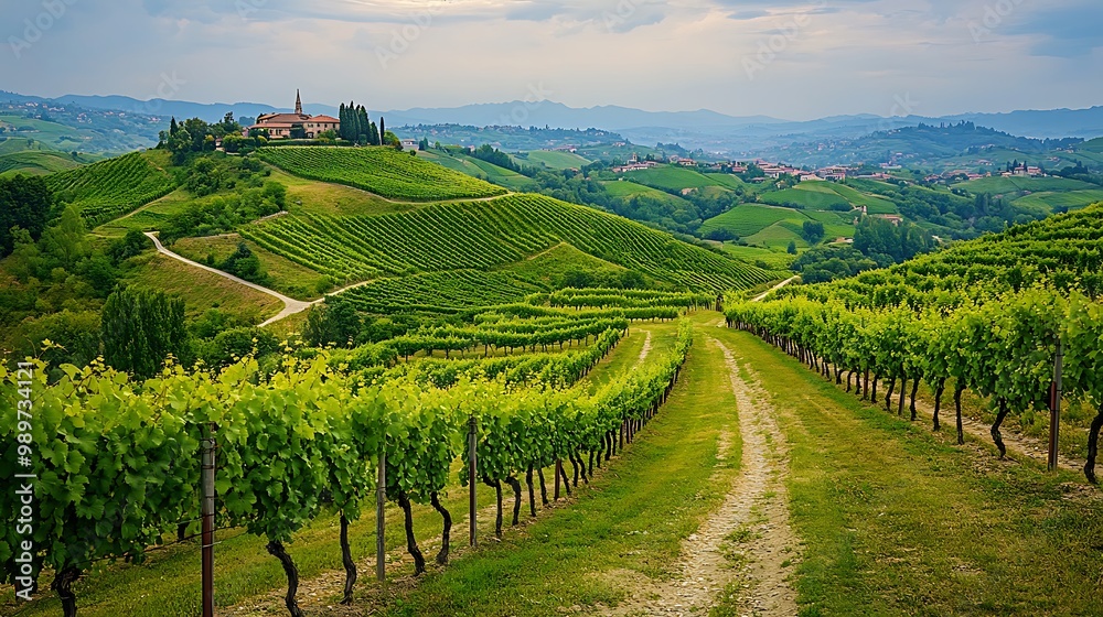 Fototapeta premium A scenic vineyard with ripe grapes and rolling hills, harvest season, lush green vines, picturesque countryside