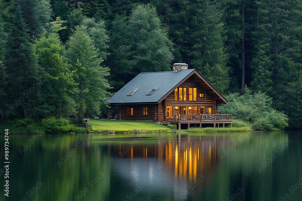 A picturesque lakeside cabin with reflections on the water, tranquil nature setting, cozy retreat A picturesque lakeside cabin with reflections on the water, tranquil nature setting, cozy retreat