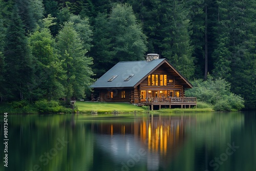 A picturesque lakeside cabin with reflections on the water, tranquil nature setting, cozy retreat