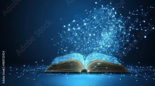 Futuristic Artificial Intelligence Creating Ebook with Polygonal Design on Blue Background