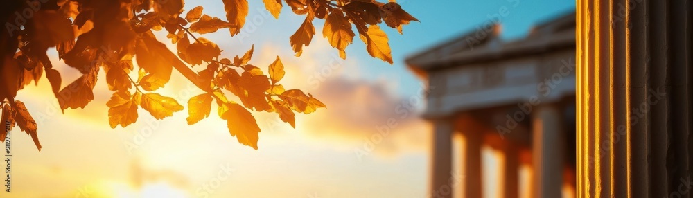 Elegant sunset illuminating ancient architecture, framed by vibrant foliage, creating a serene and picturesque scene of heritage. Elegant sunset illuminating ancient architecture, framed by vibrant foliage, creating a serene and picturesque scene of heritage.