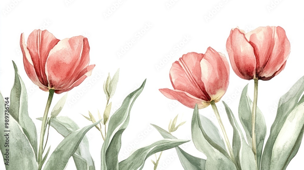 A watercolor illustration of pink tulips surrounded by green leaves. A watercolor illustration of pink tulips surrounded by green leaves.