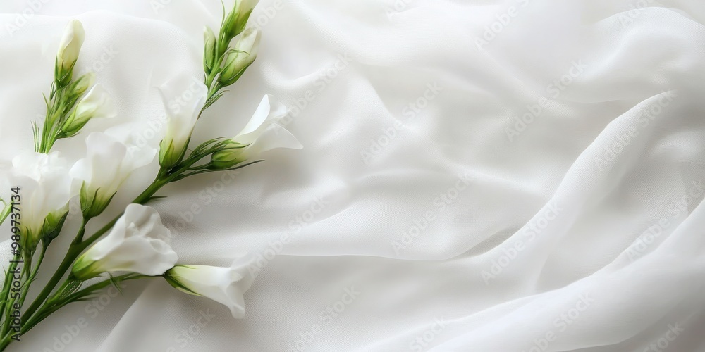 A delicate arrangement of white flowers on soft, flowing fabric. A delicate arrangement of white flowers on soft, flowing fabric.