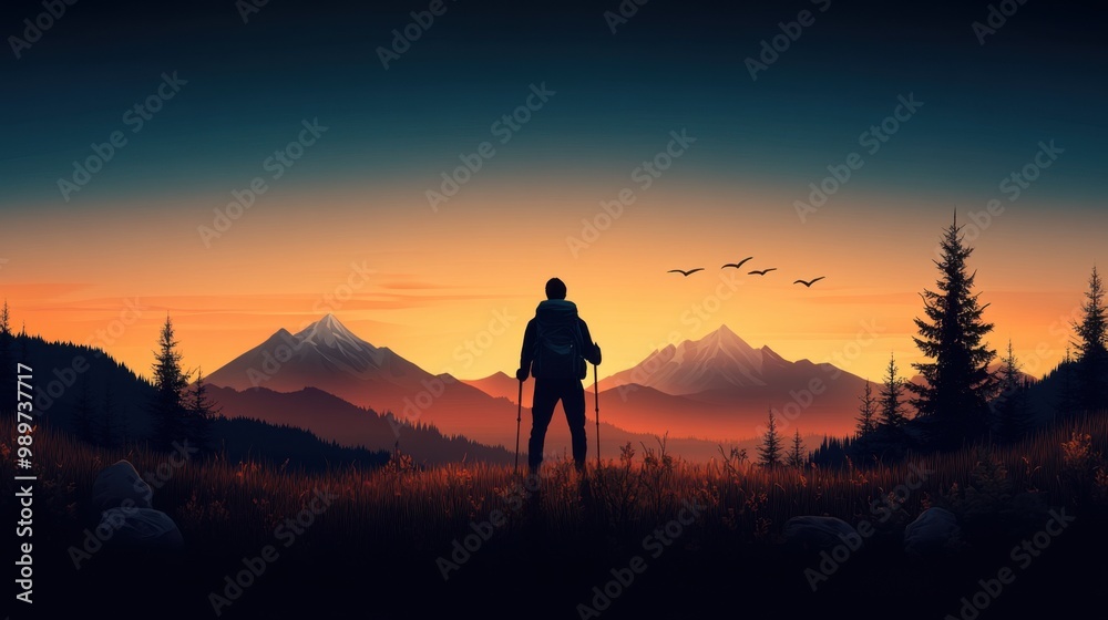 Fototapeta premium Hiker Enjoying a Serene Mountain Sunset