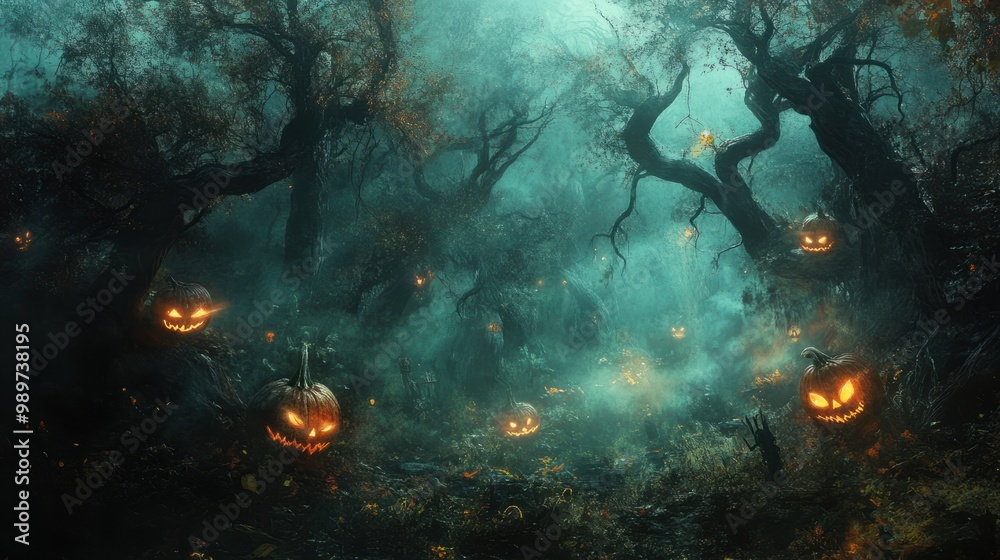Obraz premium Dark, foggy Halloween forest with twisted trees, glowing pumpkins, and shadowy figures.