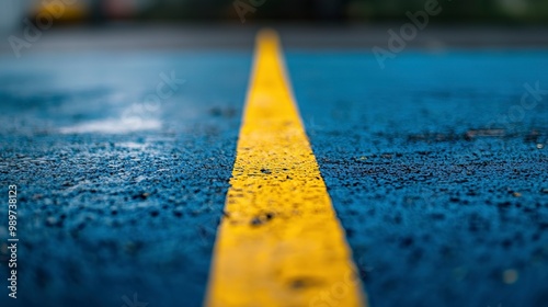A detailed view of a blue-yellow surface featuring a yellow line at its bottom midpoint  