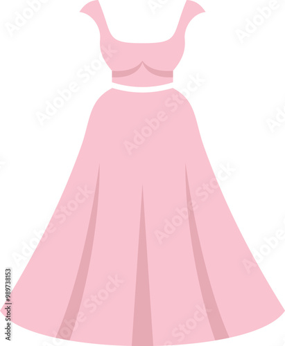 Long pink dress featuring a flowing skirt and a fitted bodice