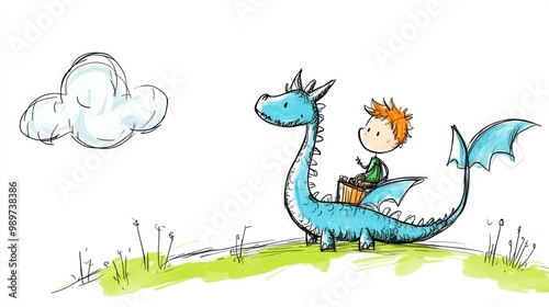 Young Knight Riding a Dragon in the Sky