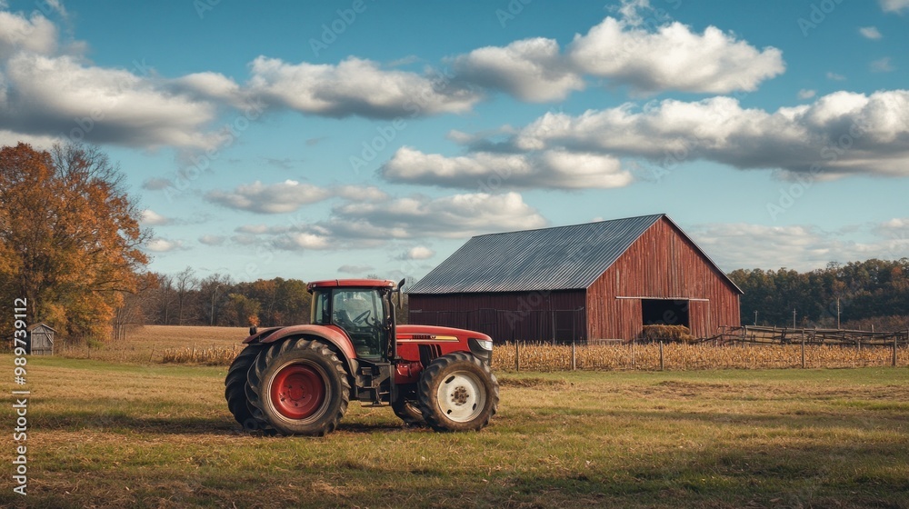 Fototapeta premium Red Tractor and Barn in a Rural Landscape