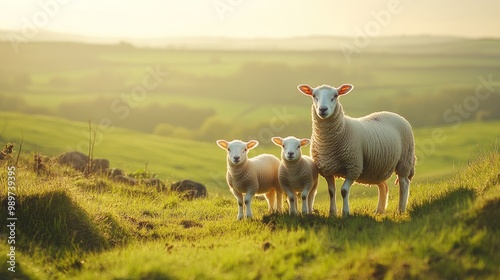 Wallpaper Mural Sheep and lambs, A mother sheep and her two twin lambs in Springtime. A tender moment between mum and her babies in lush green field. East Yorkshire, England. Landscape Torontodigital.ca