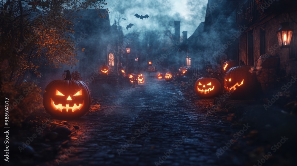 Naklejka premium Eerie Halloween alley with flickering lanterns, glowing jack-o'-lanterns, and swirling mist.