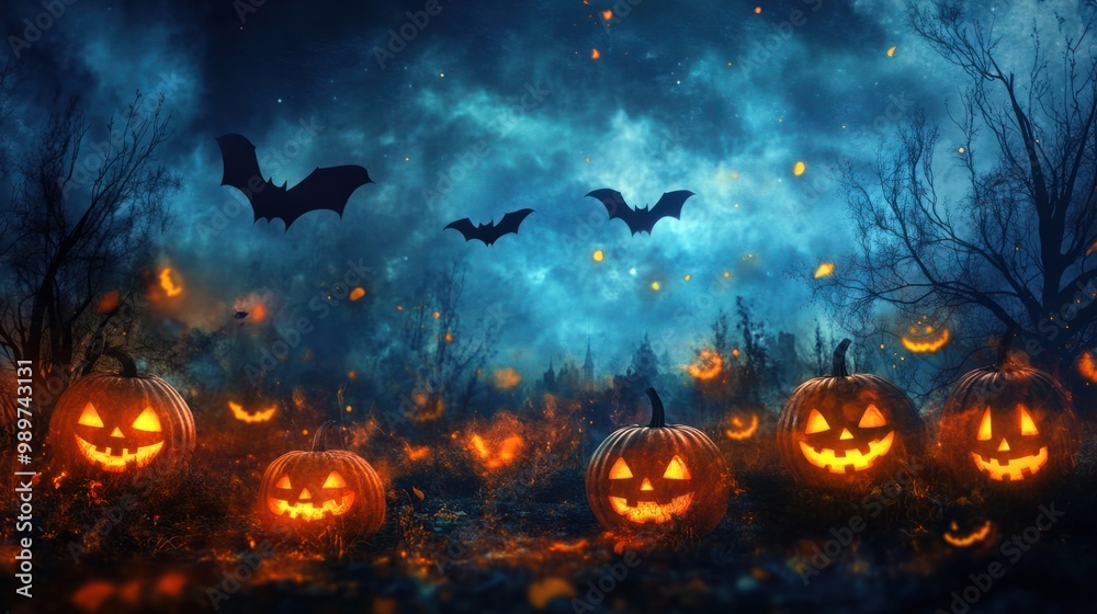 Halloween night scene with glowing jack-o'-lanterns, dark trees, and bats flying across the sky. Halloween night scene with glowing jack-o'-lanterns, dark trees, and bats flying across the sky.