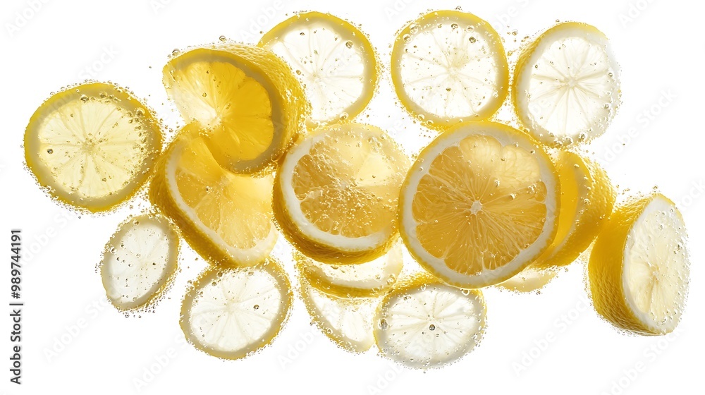 Lemon slices floating, refreshing, citrus, white background, beverage, product photography Lemon slices floating, refreshing, citrus, white background, beverage, product photography