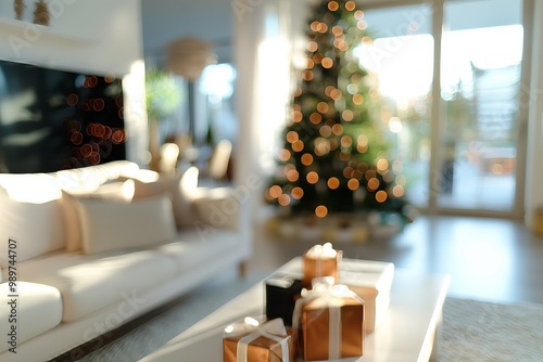 Modern blurred interior of a living room decorated for Christmas. christmas tree, presents, soft focus