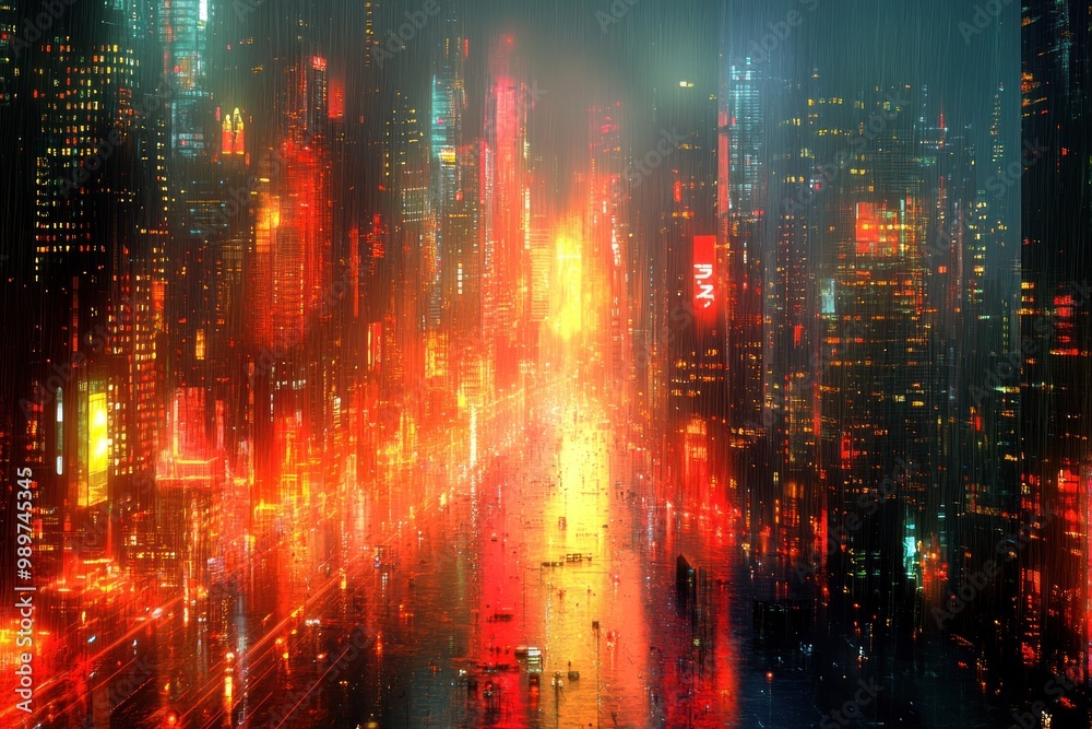 Fototapeta premium Neon Cityscape Under Rain
