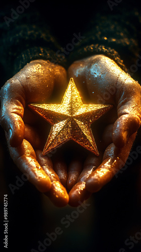 A pair of hands hold a golden star against a dark background.