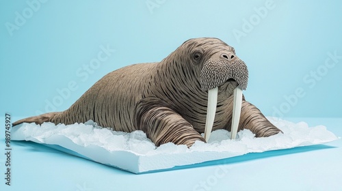 artwork showcases a walrus resting peacefully on an ice floe, crafted from layered shades of grey and brown paper. The serene Arctic backdrop complements its tranquility. photo