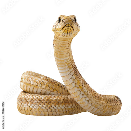 A close-up of a yellow snake with its head raised and looking directly at the camera.