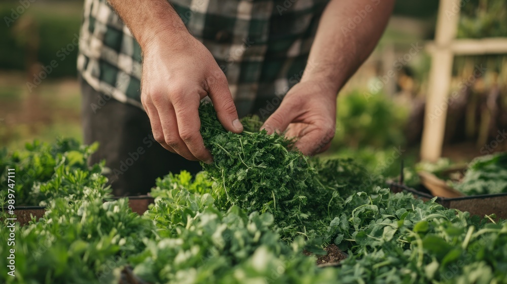 Man's Hand Picking Fresh Greens from a Garden Bed Man's Hand Picking Fresh Greens from a Garden Bed