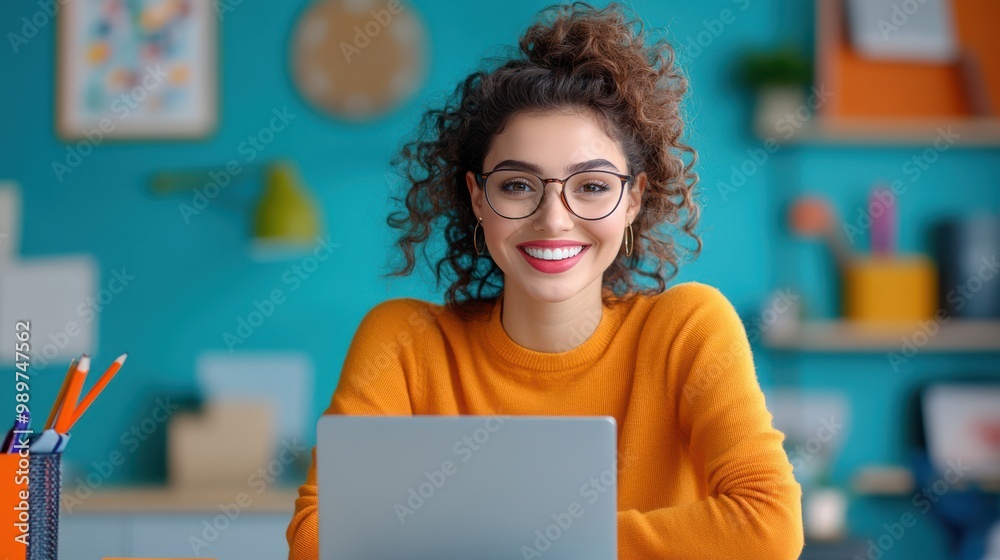 Smiling Woman Using Laptop in Modern Office