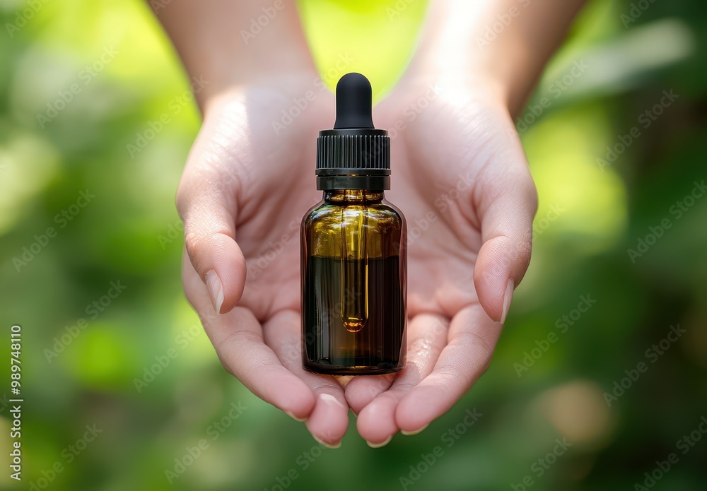 A person holds a brown glass dropper bottle surrounded by lush greenery, emphasizing natural remedies and wellness. A person holds a brown glass dropper bottle surrounded by lush greenery, emphasizing natural remedies and wellness.