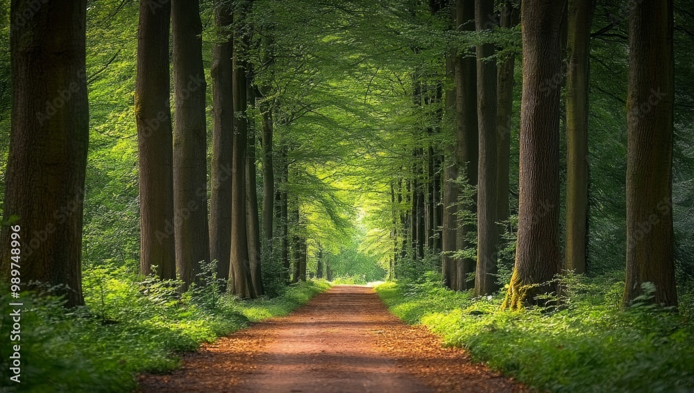 Fototapeta premium Walkway in a green spring beech forest in Leuven, Belgium. Beautiful natural tunnel. Atmospheric landscape. Eco tourism, travel destinations, environmental conservation, pure nature