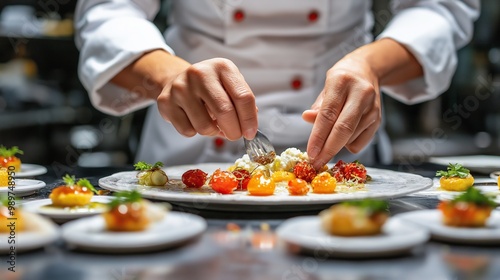 Chef's hands plating gourmet dish culinary expert touch creativity elegance. AI generated.