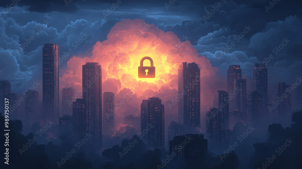 Fototapeta premium A city skyline with a glowing padlock in the clouds.