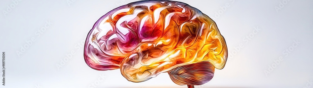 Obraz premium Abstract watercolor painting of a human brain, vibrant colors representing different emotions and mental states, artistic and conceptual